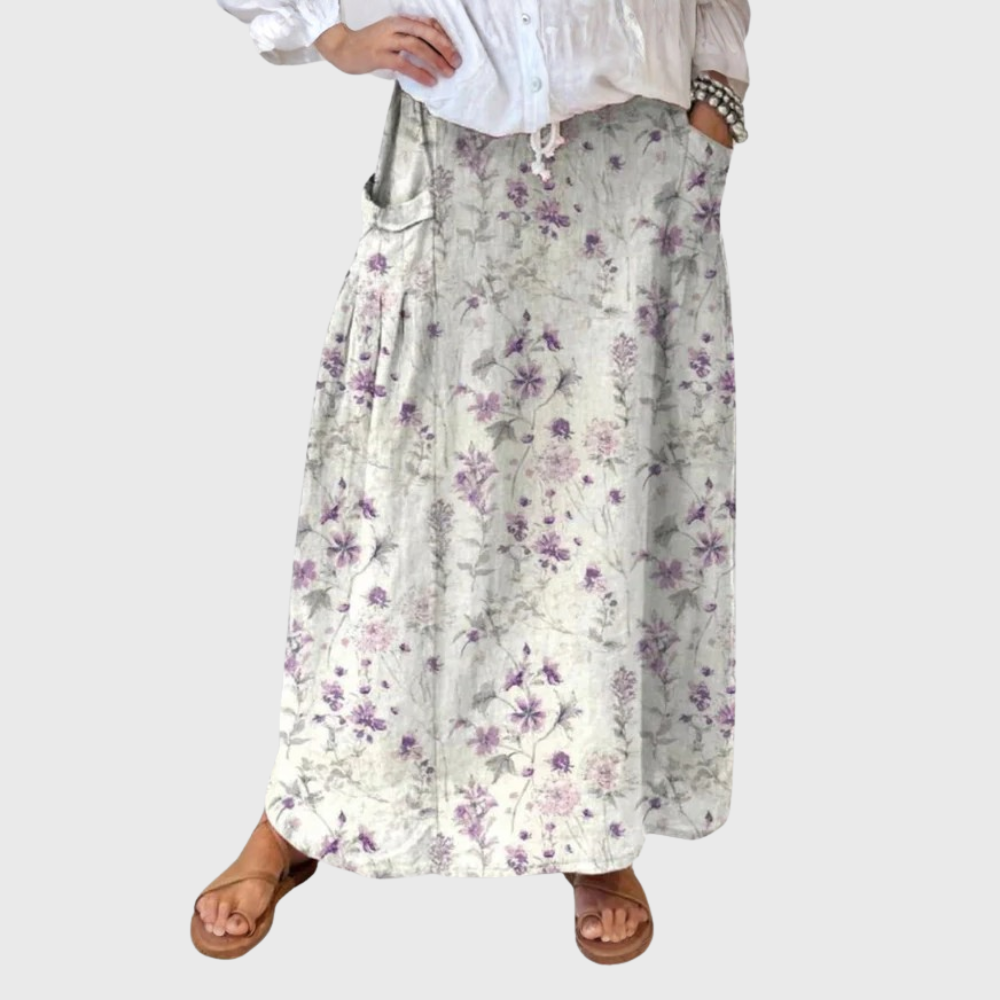 Women's Vintage Floral Art Linen Elastic Waistband Pocket Skirt