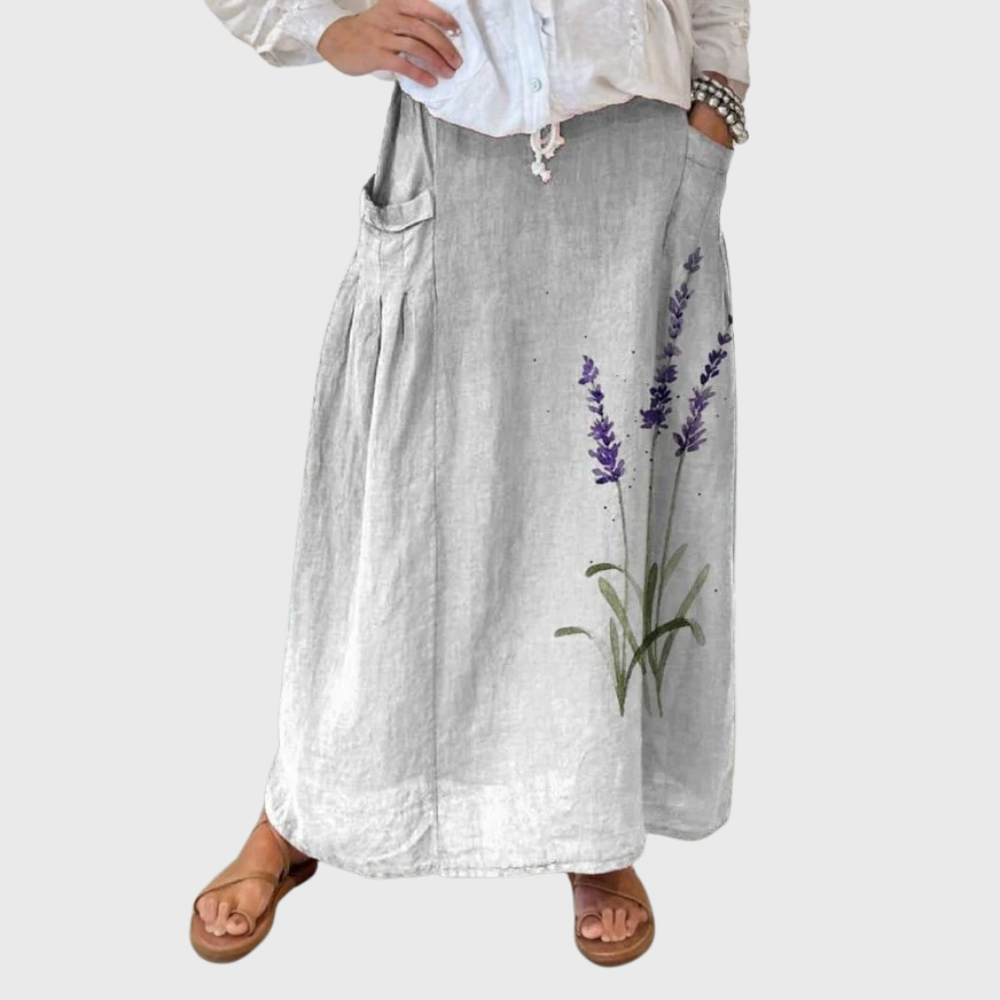Watercolor Lavender Floral Printed Women's Linen Elastic Waistband Pocket Skirt