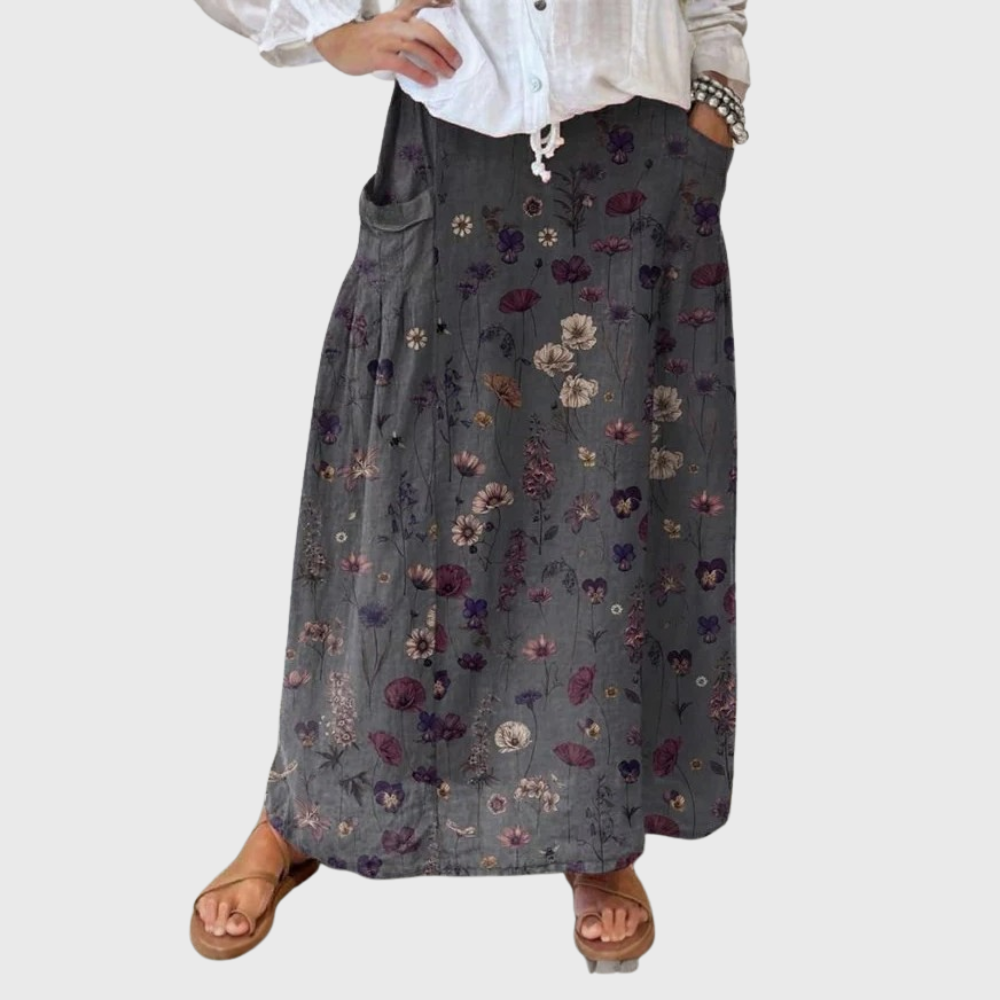 Women's Flower Art Print Linen Pocket Skirt
