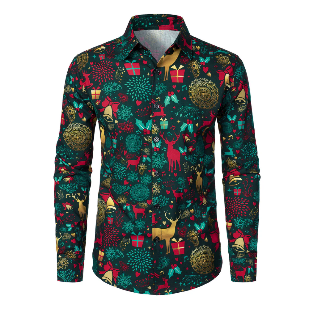 Men's Christmas Reindeer Holiday Cotton Long Sleeve Shirt