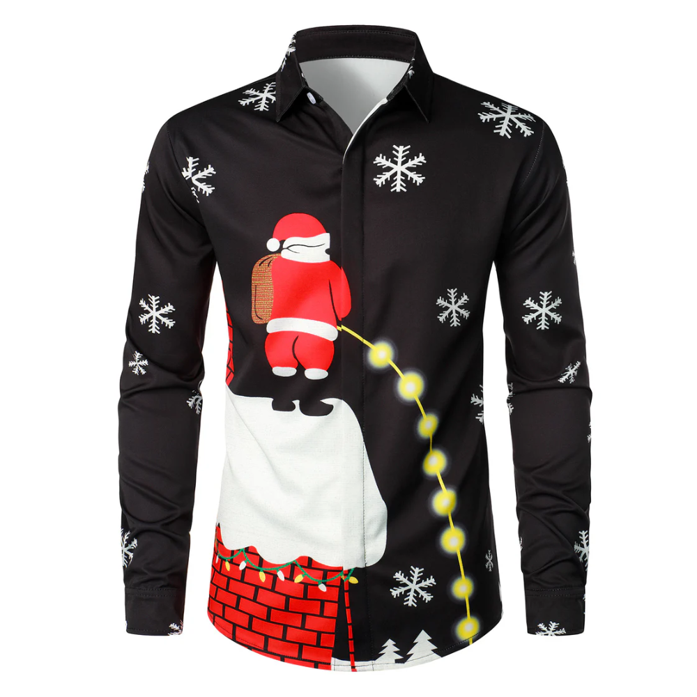 Men's Christmas Santa Button-Up Black Fun Long Sleeve Shirt