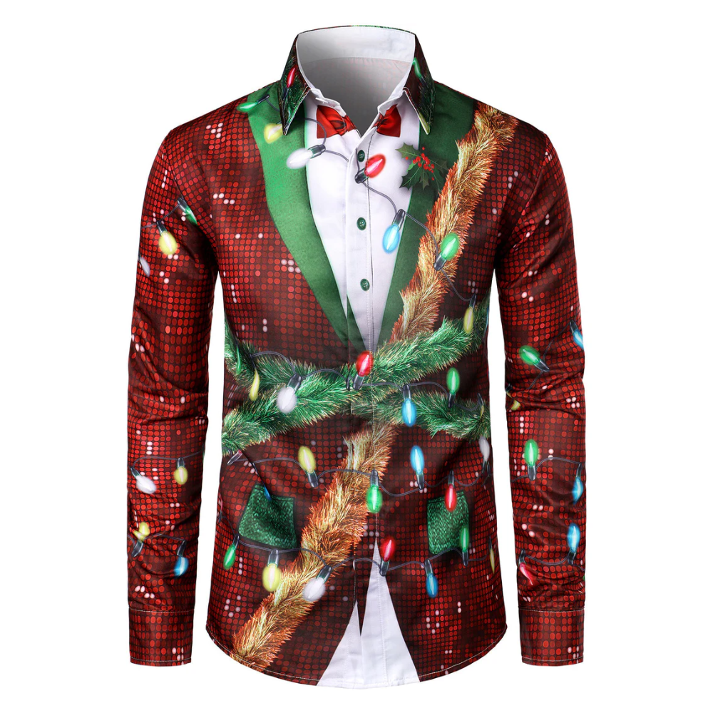 Men's Christmas Fun Outfit Theme Top Holiday Button-Down Long Sleeve Shirt