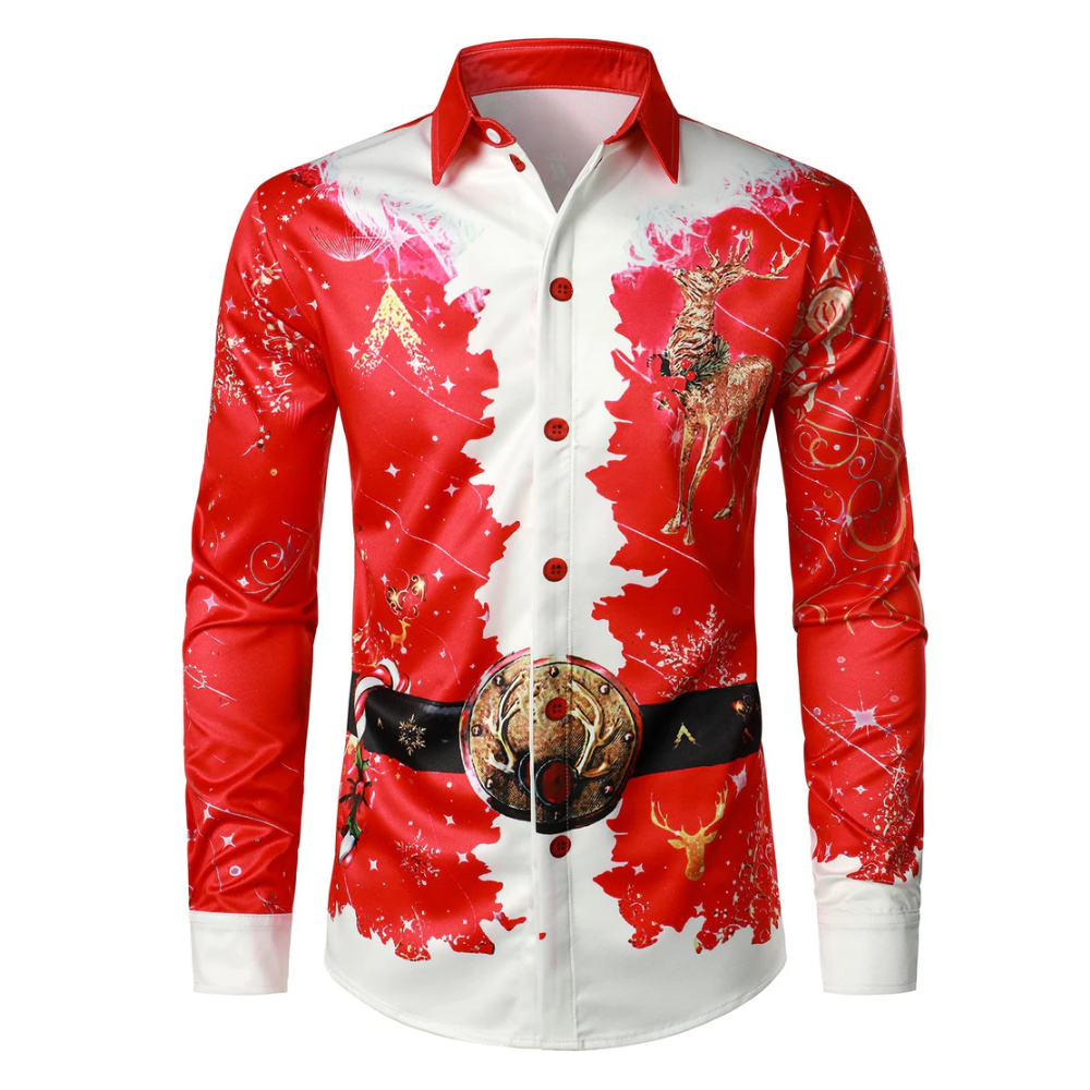 Men's Christmas-Inspired Top Red Fun Outfit Holiday Button-Down Long Sleeve Shirt
