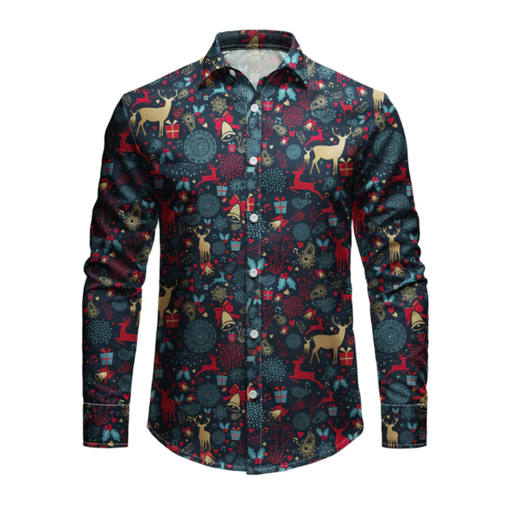 Men's Vintage Christmas Reindeer Printed Holiday Long Sleeve Shirt