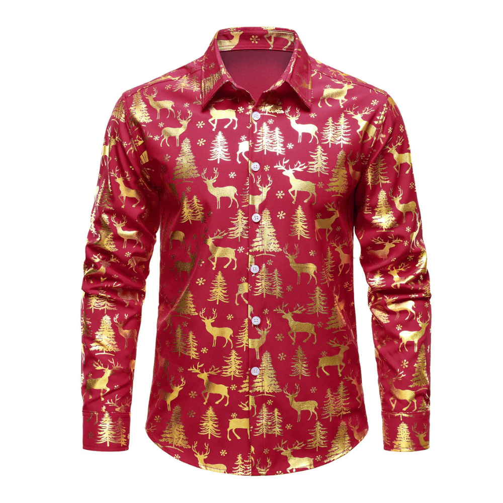 Men's Golden Christmas Reindeer Festive Print Red Long Sleeve Shirt