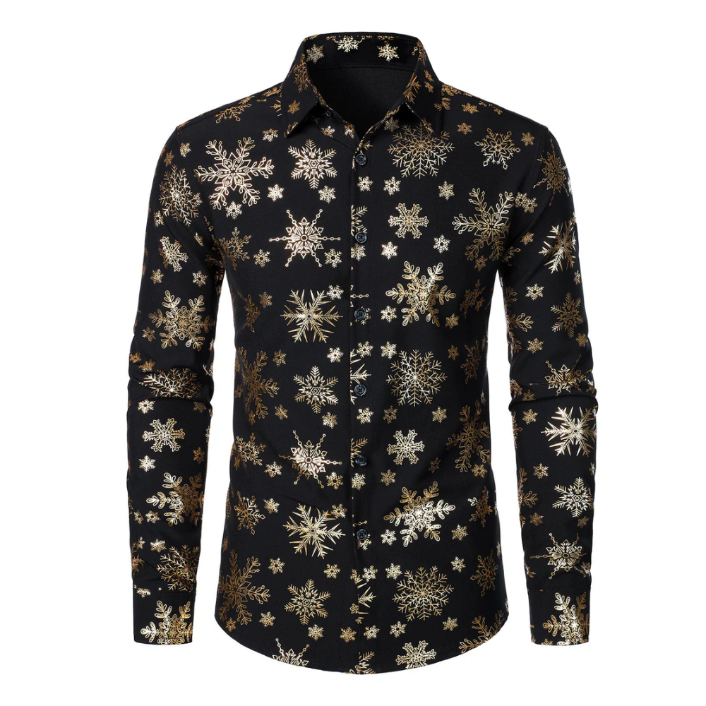 Herres Gold Christmas Snowflake Print Long Sleeve Shirt