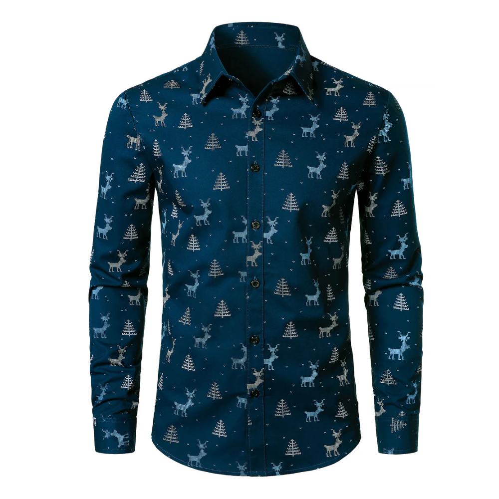 Men's Christmas Tree Moose Print Breathable Navy Long Sleeve Shirt