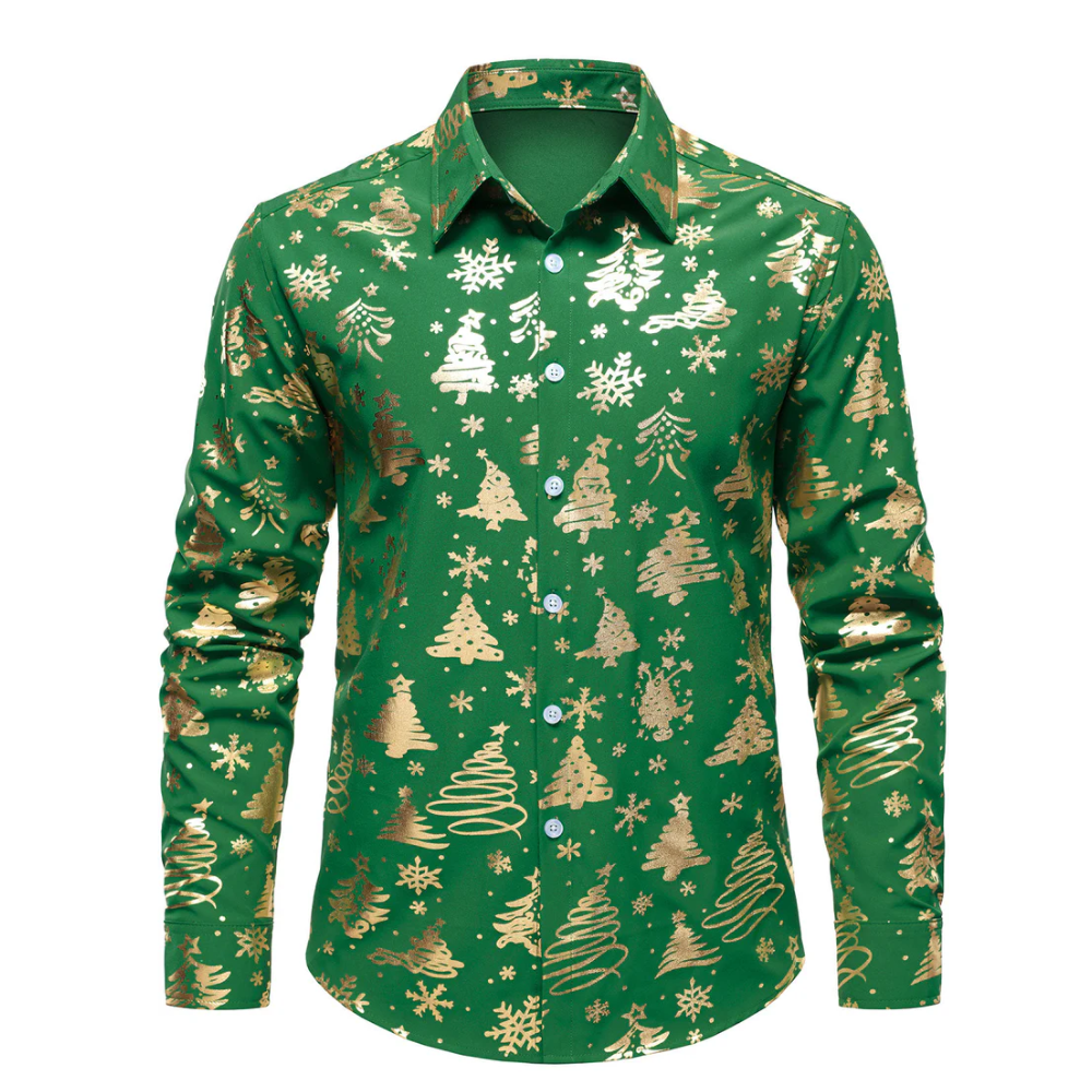Men's Gold Christmas Print Regular Fit Green Long Sleeve Shirt