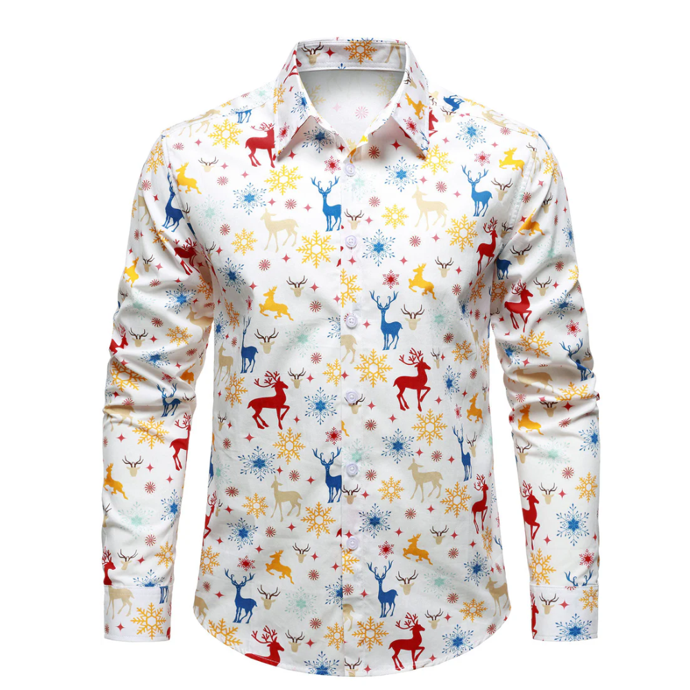 Men's Christmas Theme Festive Reindeer Snowflake White Long Sleeve Shirt