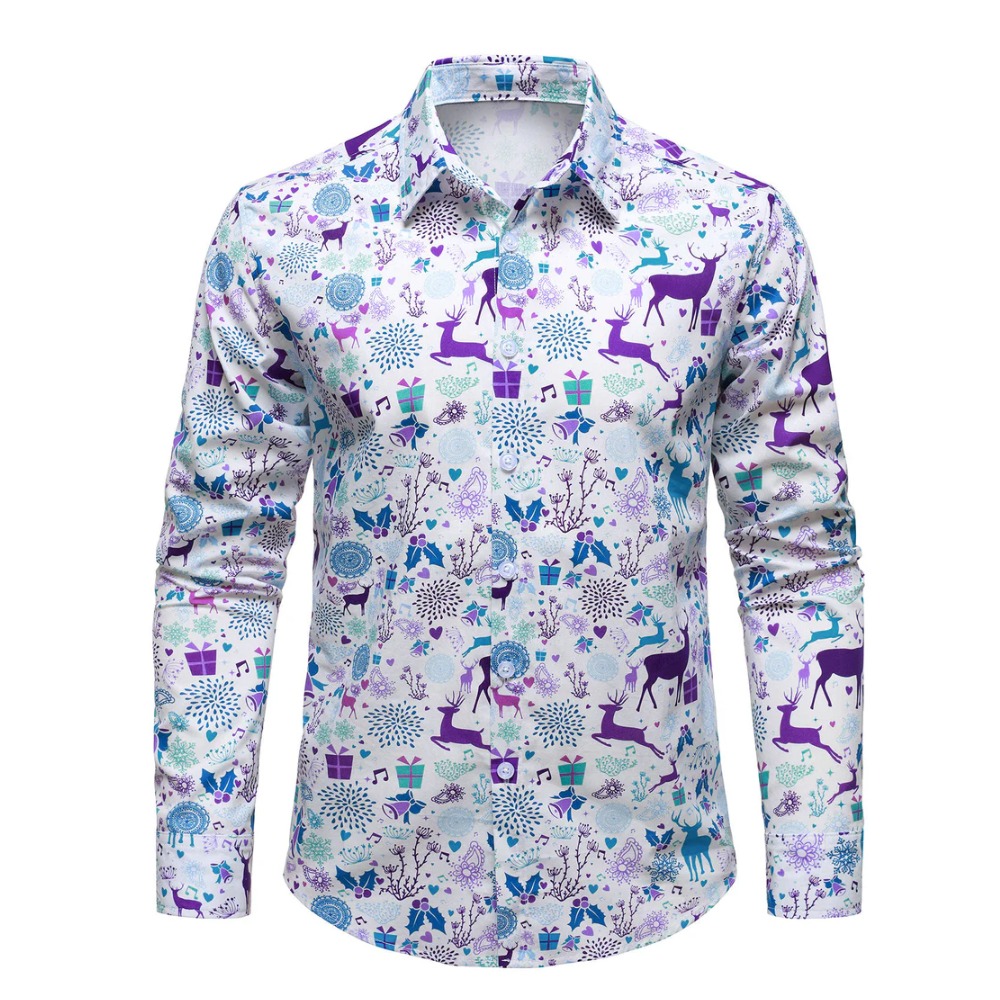 Men's Christmas Reindeer Festive Print Xmas Holiday White Long Sleeve Shirt
