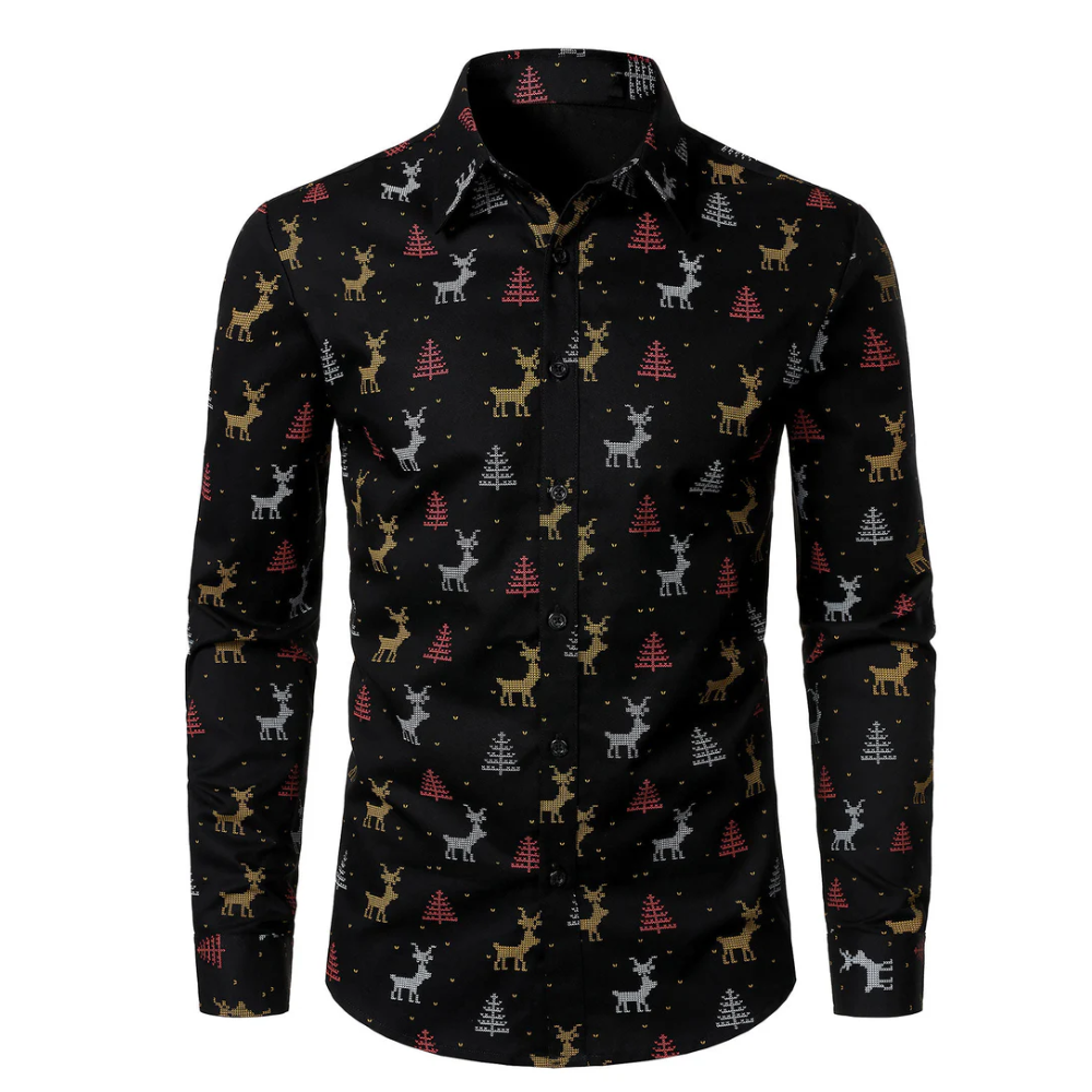 Men's Christmas Tree Moose Print Breathable Black Long-Sleeve Shirt