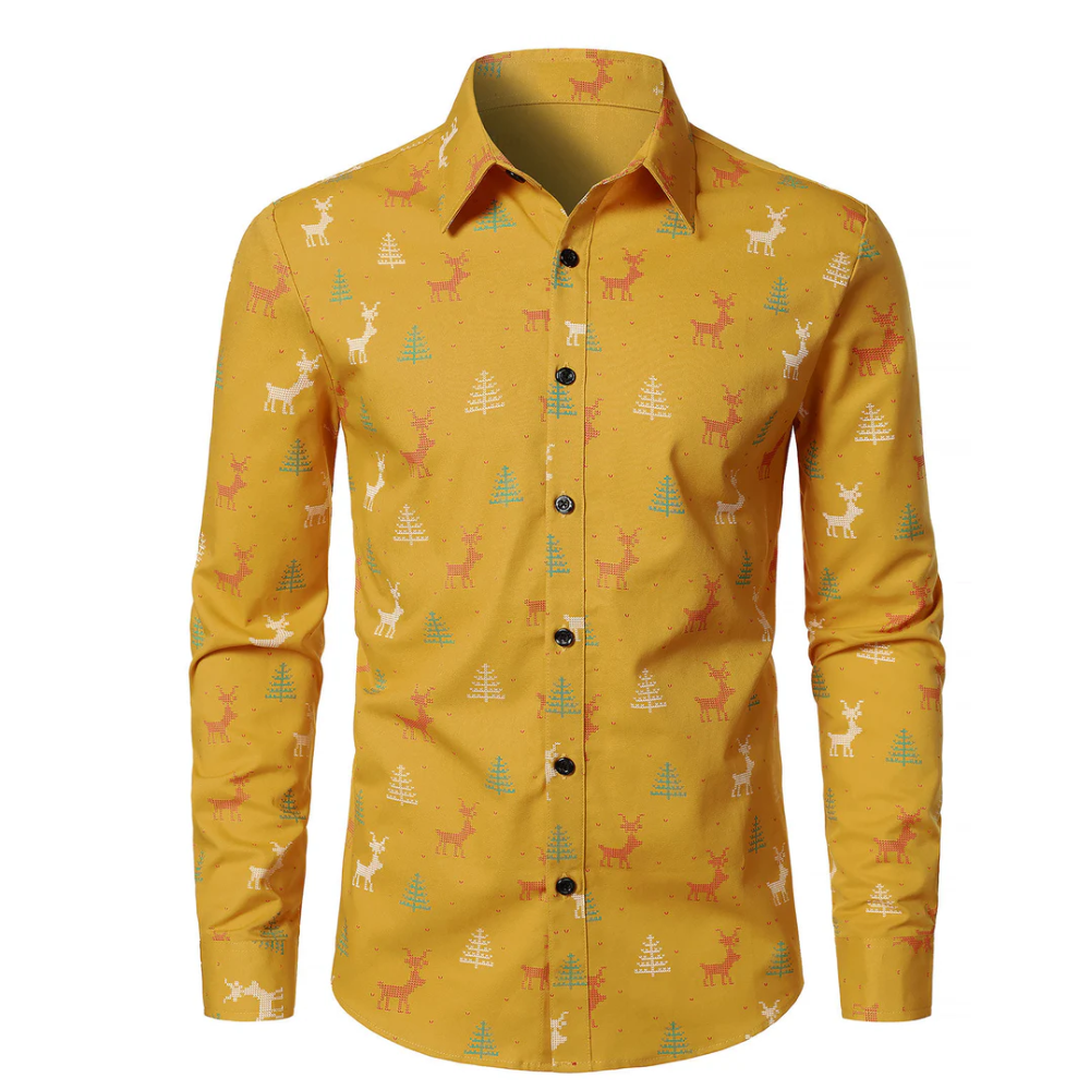 Men's Christmas Tree Moose Print Breathable Yellow Long Sleeve Shirt