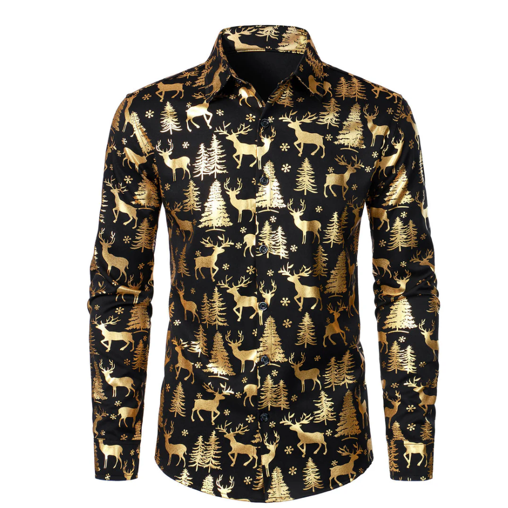Men's Gold Christmas Reindeer Festive Print Long Sleeve Shirt