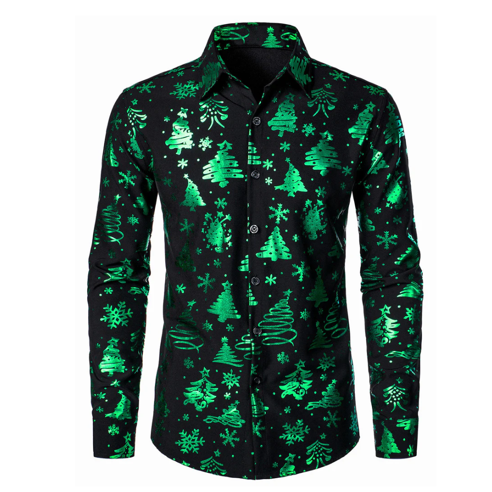 Men's Christmas Print Regular Fit Green Long Sleeve Shirt