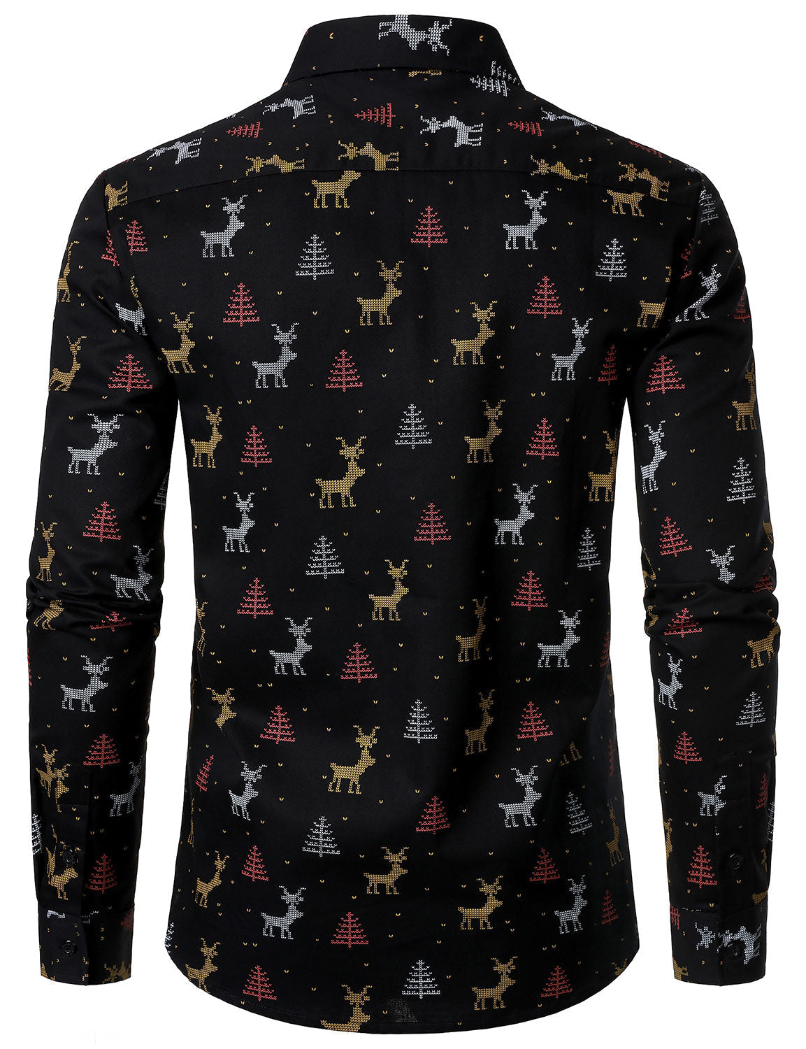 Men's Christmas Tree Moose Print Breathable Black Long-Sleeve Shirt
