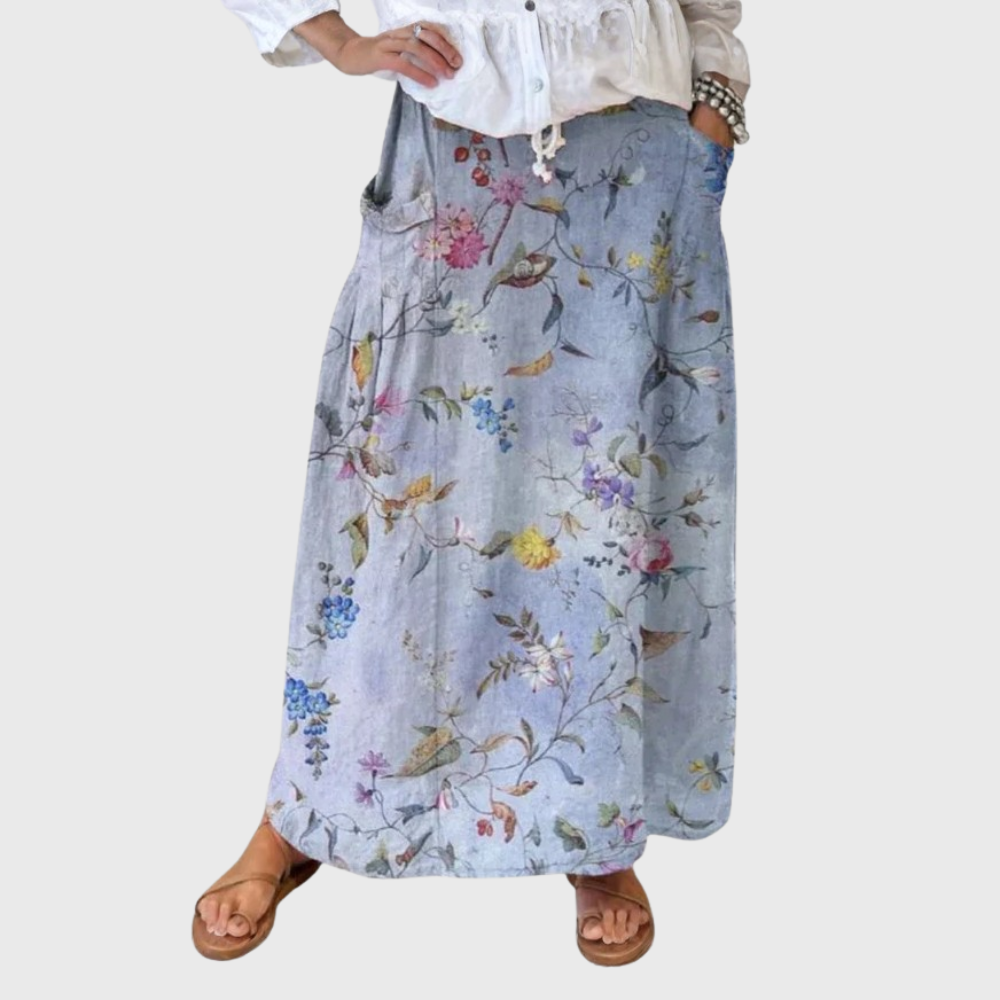 Elegant Vintage Blue Print Women's Linen Pocket Skirt