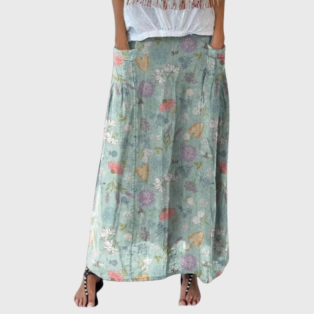 Blooming Spring Floral And Bumble Bee Pattern Printed Women's Linen Pocket Skirt