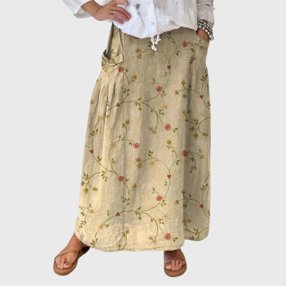 Women's Retro Floral Art Linen Elastic Waistband Pocket Skirt