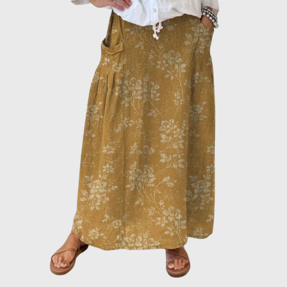 Women's Vintage Floral Linen Elastic Waistband Pocket Skirt