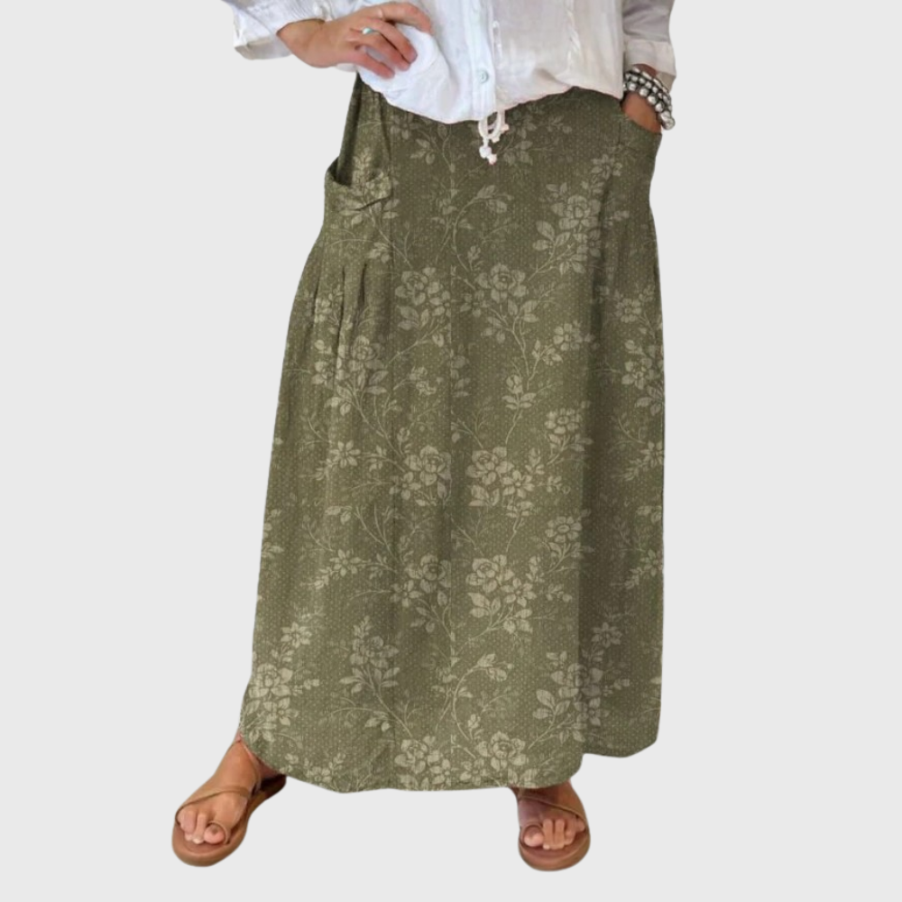 Women's Vintage Floral Linen Elastic Waistband Pocket Skirt