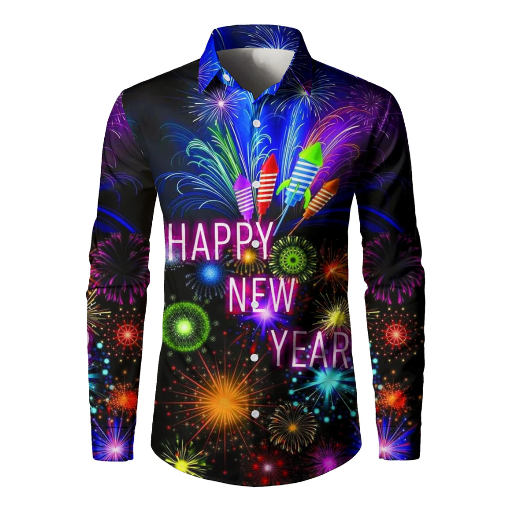 Men's Happy New Year Fireworks Long Sleeve Shirt