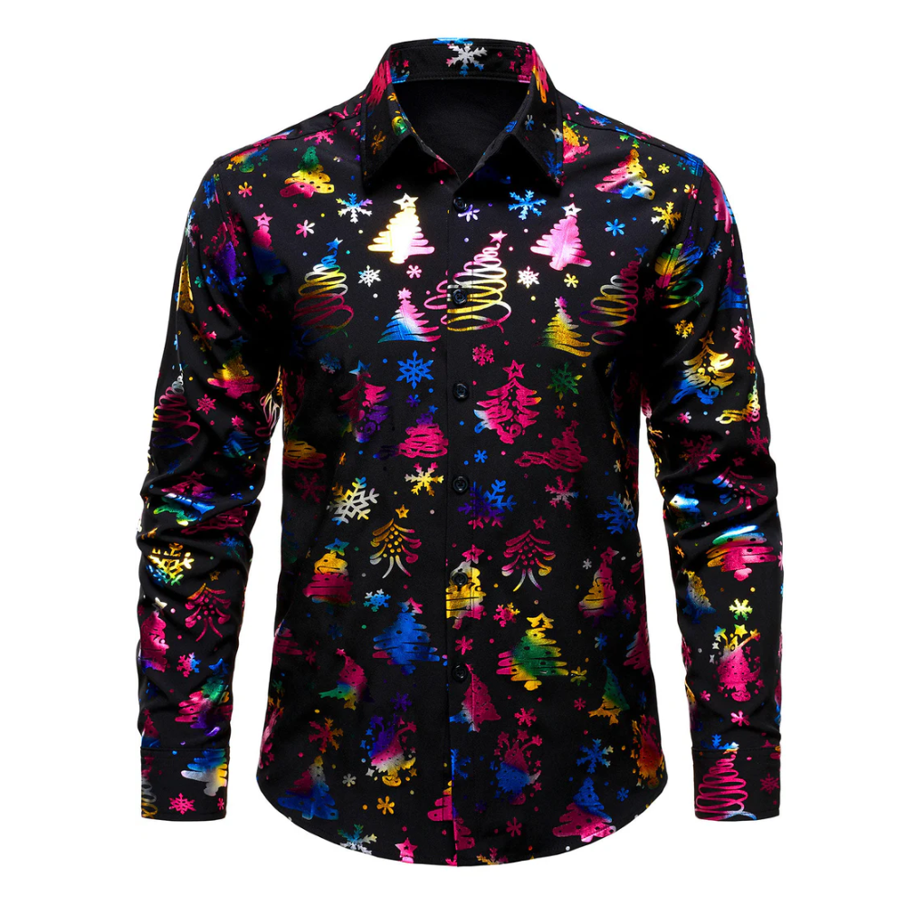 Men's Gold Christmas Print Regular Fit Black Long Sleeve Shirt