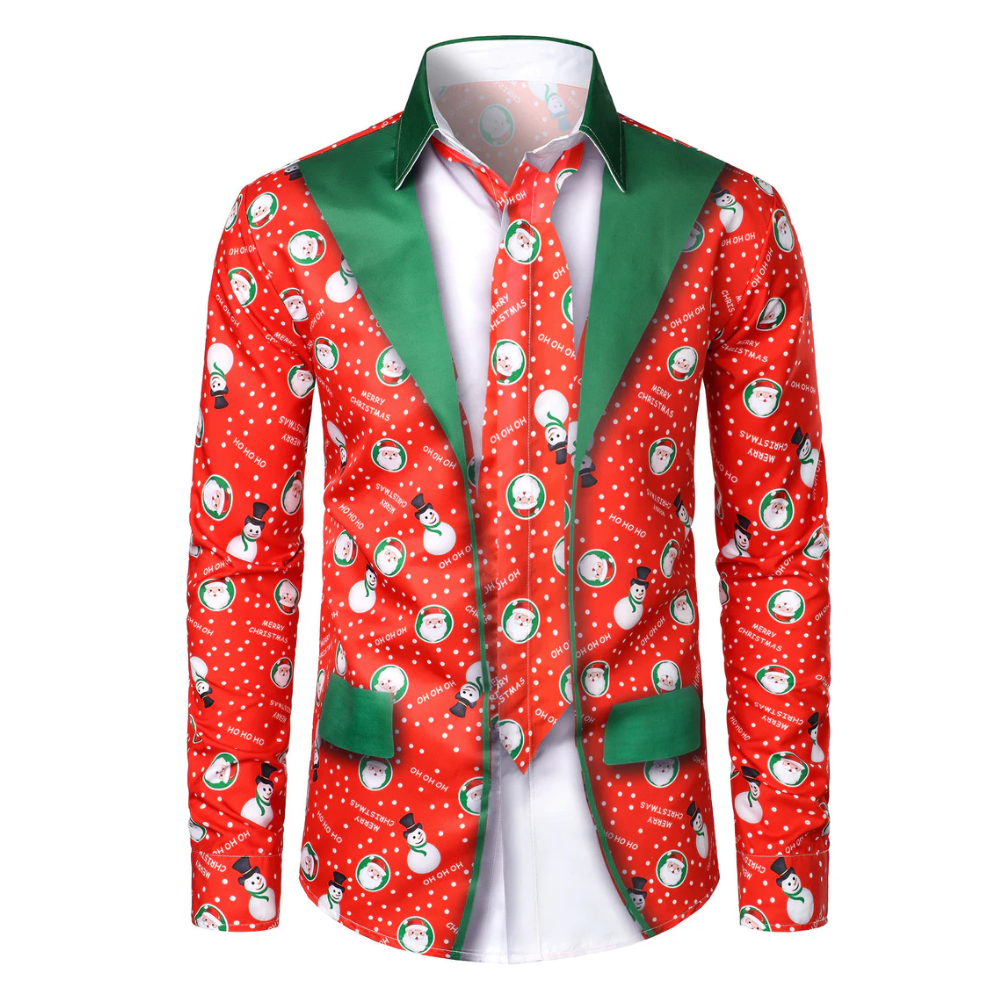 Men's Christmas Snowman Santa Print Fun Outfit Holiday Themed Long Sleeve Shirt