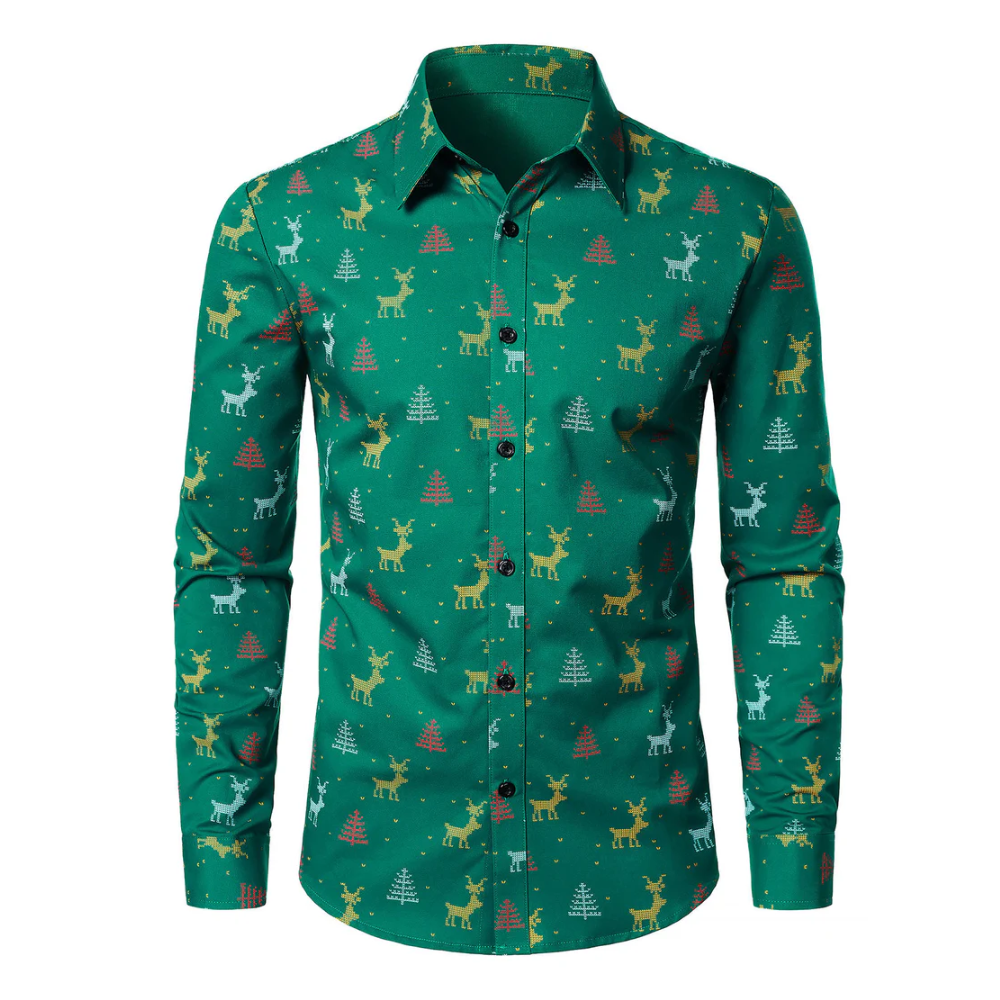 Men's Christmas Tree Moose Print Breathable Green Long Sleeve Shirt