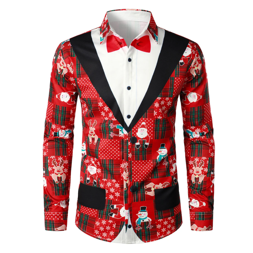 Men's Vintage Red Tartan Fun Holiday Grim Christmas Long Sleeve Shirt