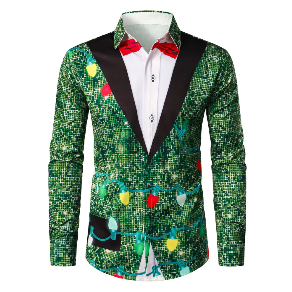 Men's Christmas Tree Funny Outfit Christmas Theme Top Holiday Green Button Long Sleeve Shirt
