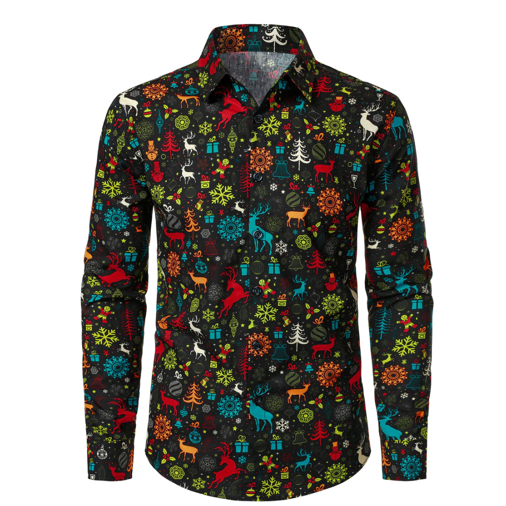 Men's Funny Christmas Reindeer Snowflake Long Sleeve Shirt
