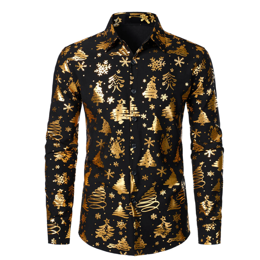 Men's Gold Christmas Print Black Long Sleeve Shirt