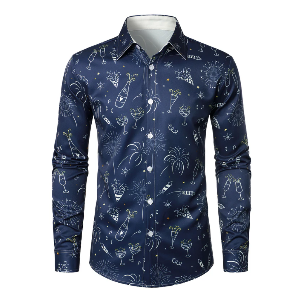 Men's Fireworks Holiday New Year Party Button-Up Blue Long Sleeve Shirt