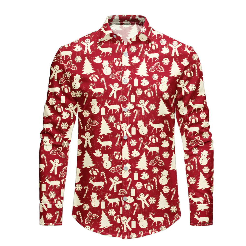 Men's Christmas Reindeer Red Festive Print Long Sleeve Shirt
