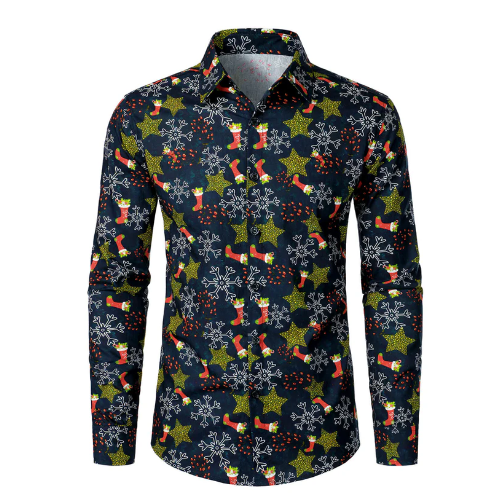 Men's Christmas Print Holiday Cotton Long Sleeve Shirt