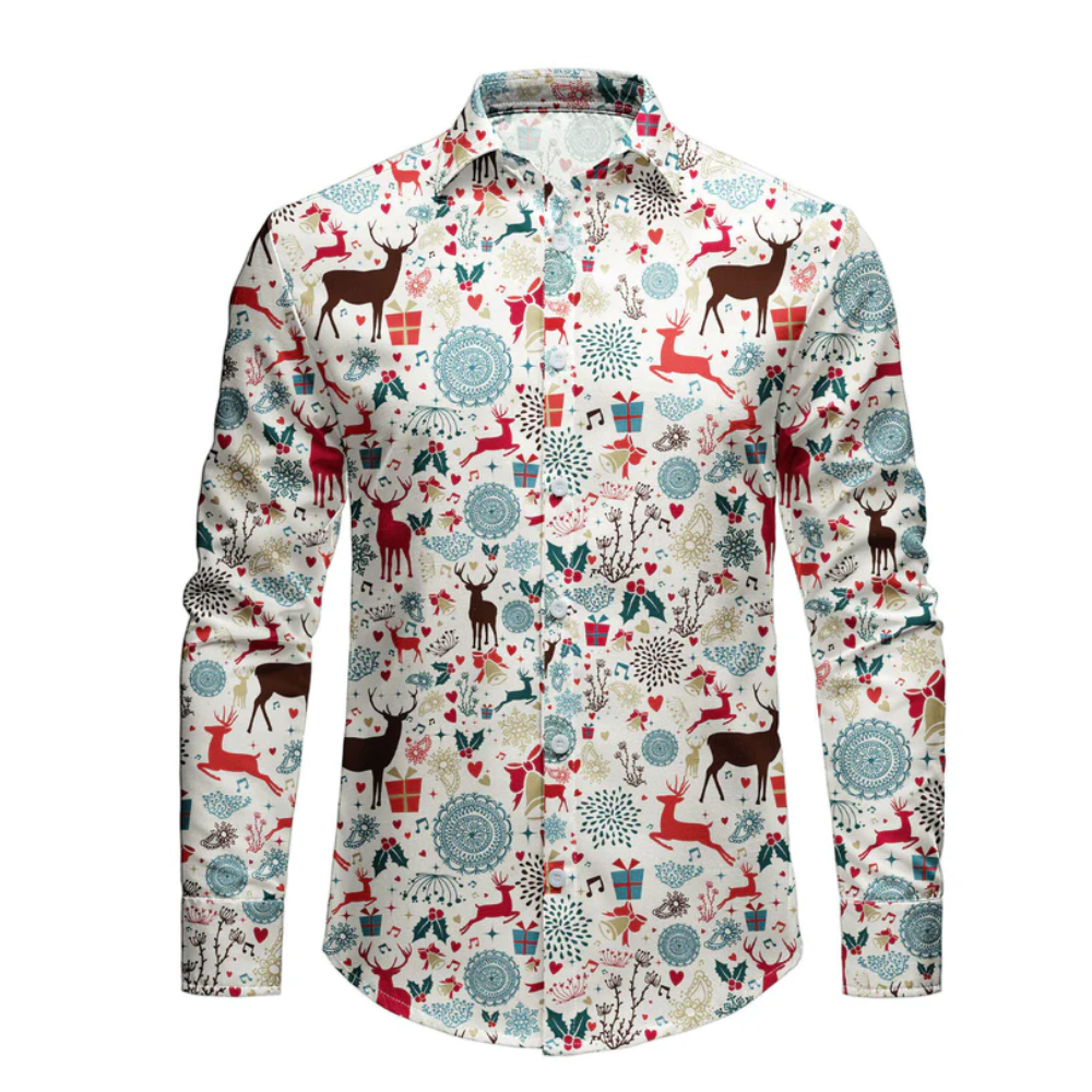 Men's Vintage Christmas Reindeer Printed Holiday Long Sleeve Shirt