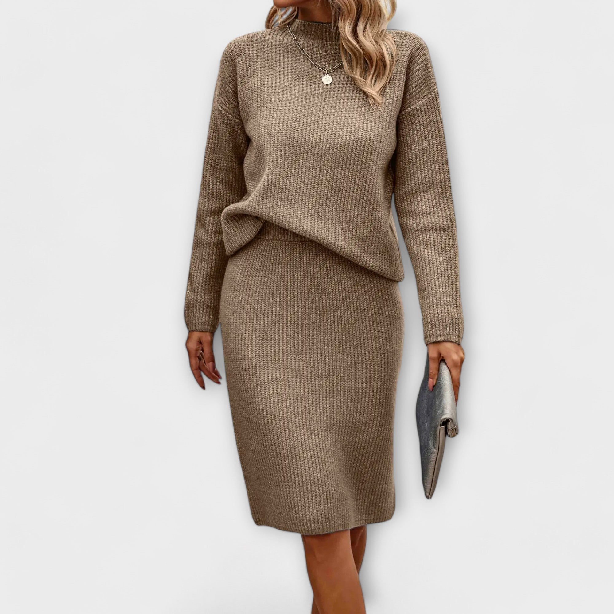 Complete with sweater and two-piece skirt
