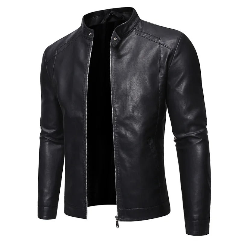 Leather jacket with stand-up collar