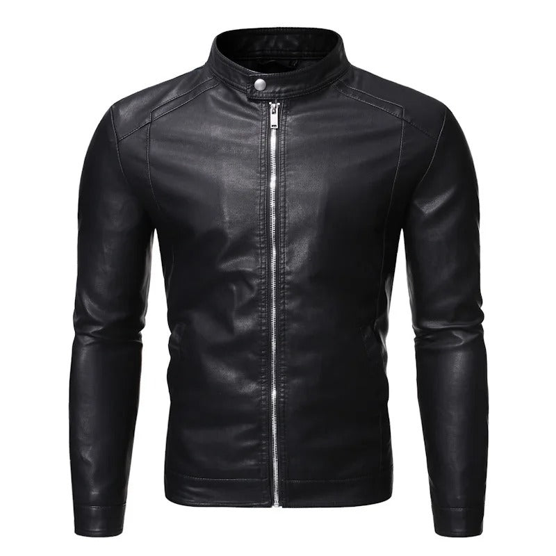 Leather jacket with stand-up collar